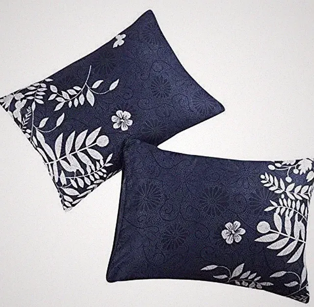 2 King Pillow Cases, Navy Blue with Gray Floral Flowers Leaf, Wake In Cloud