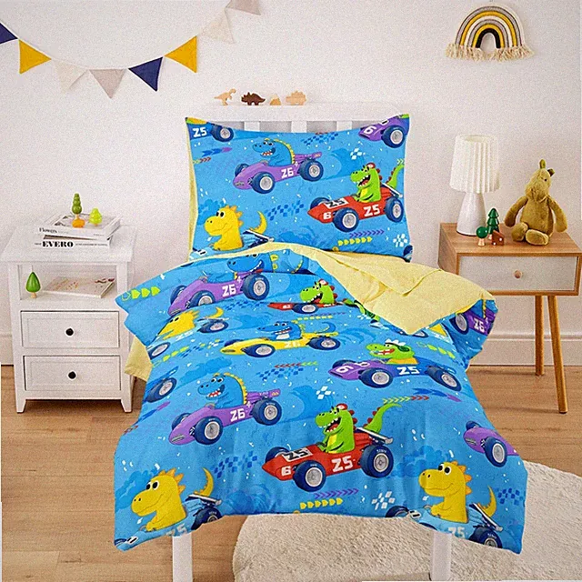 Dinosaur Bedding Set for Boys, Colorful Dino Race Car, 4 Pieces Soft Crib B...