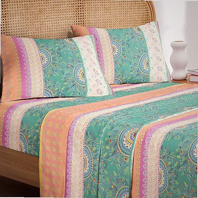 Wake In Cloud - Boho Bed Sheets, 4-Piece Sheet Set, Twin, Orange Green