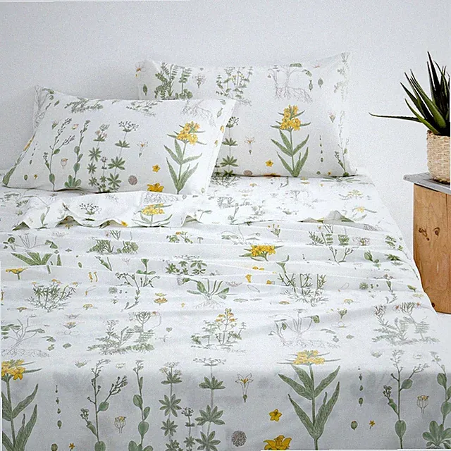 Wake In Cloud - Botanical Sheet Set, Yellow Flowers and Green Leaves Floral