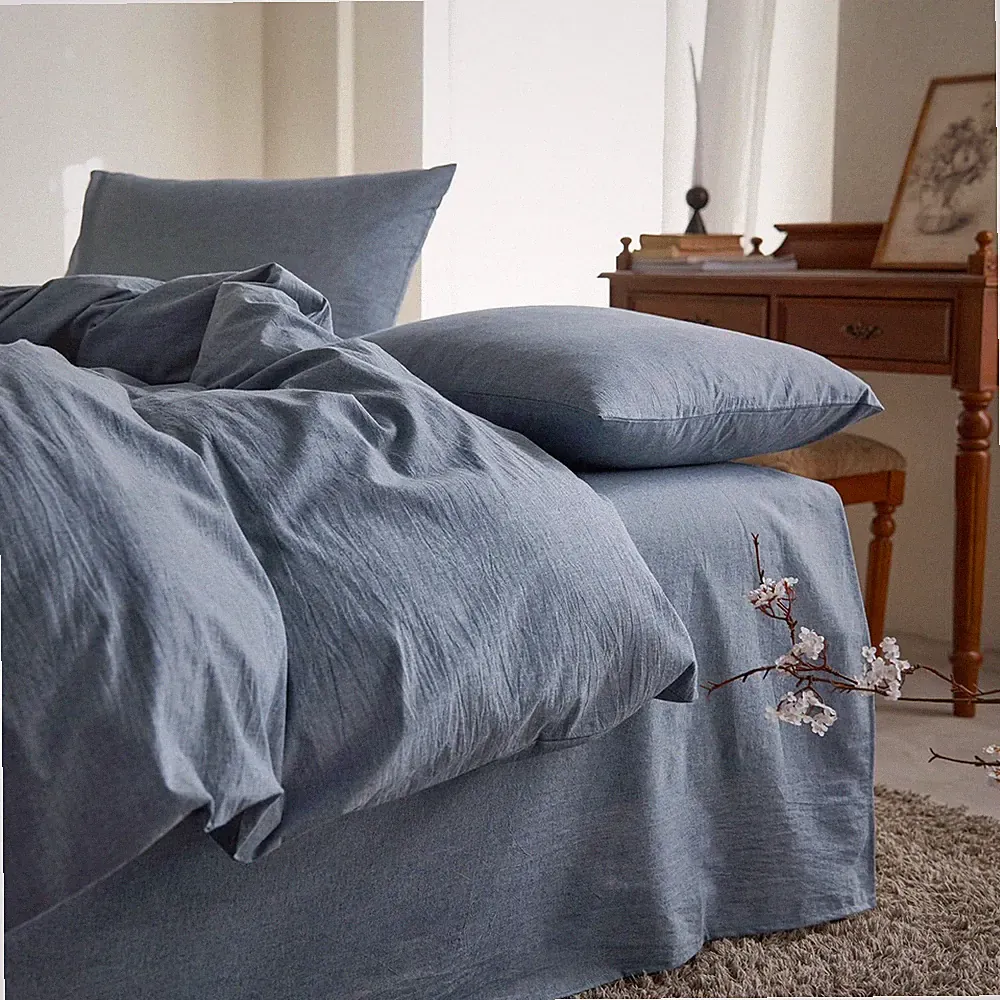 Wake In Cloud - Cotton Duvet Cover Set, Full Size, Chambray Denim Blue, 100% Was
