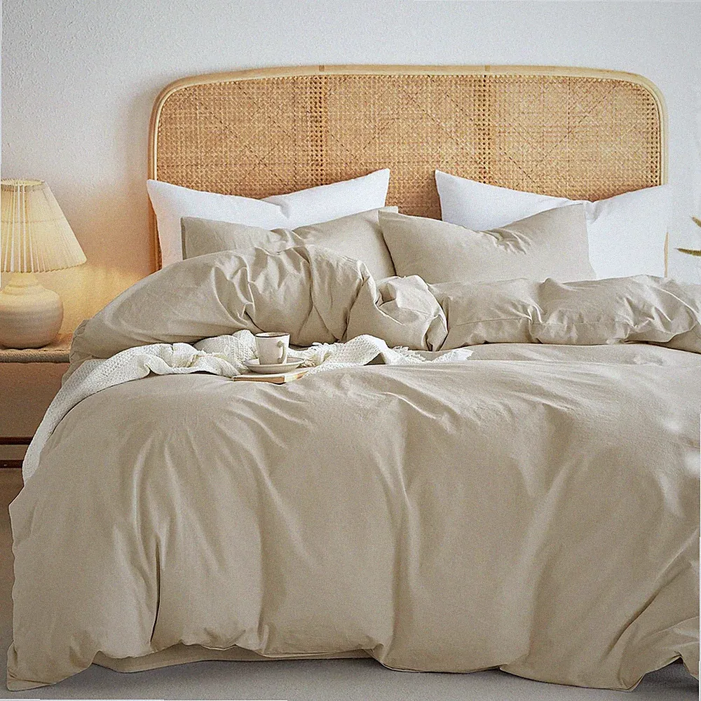 Wake In Cloud - Cotton Duvet Cover Set, Queen Size, Khaki Linen Color, 100% Was