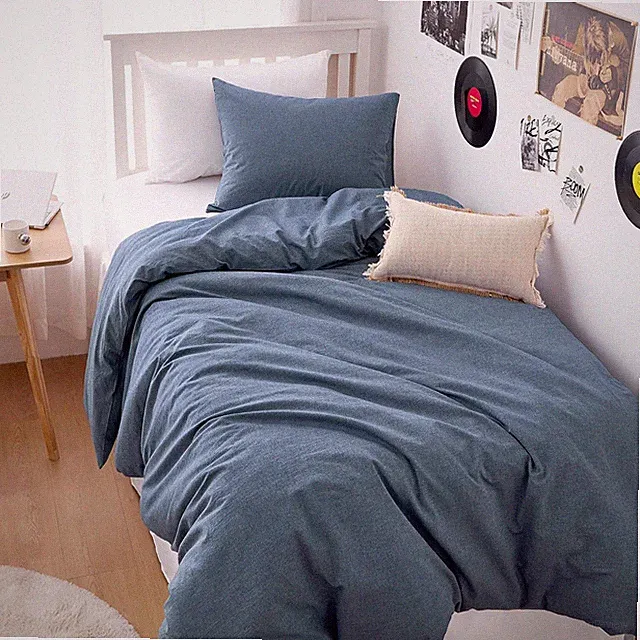 Wake In Cloud - Cotton Duvet Cover Set, Twin Size, Chambray Twin, Denim Blue