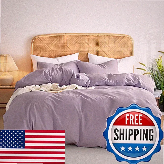 Wake In Cloud - Cotton Duvet Cover Set Twin Size Light Purple 100 Washed Cotton