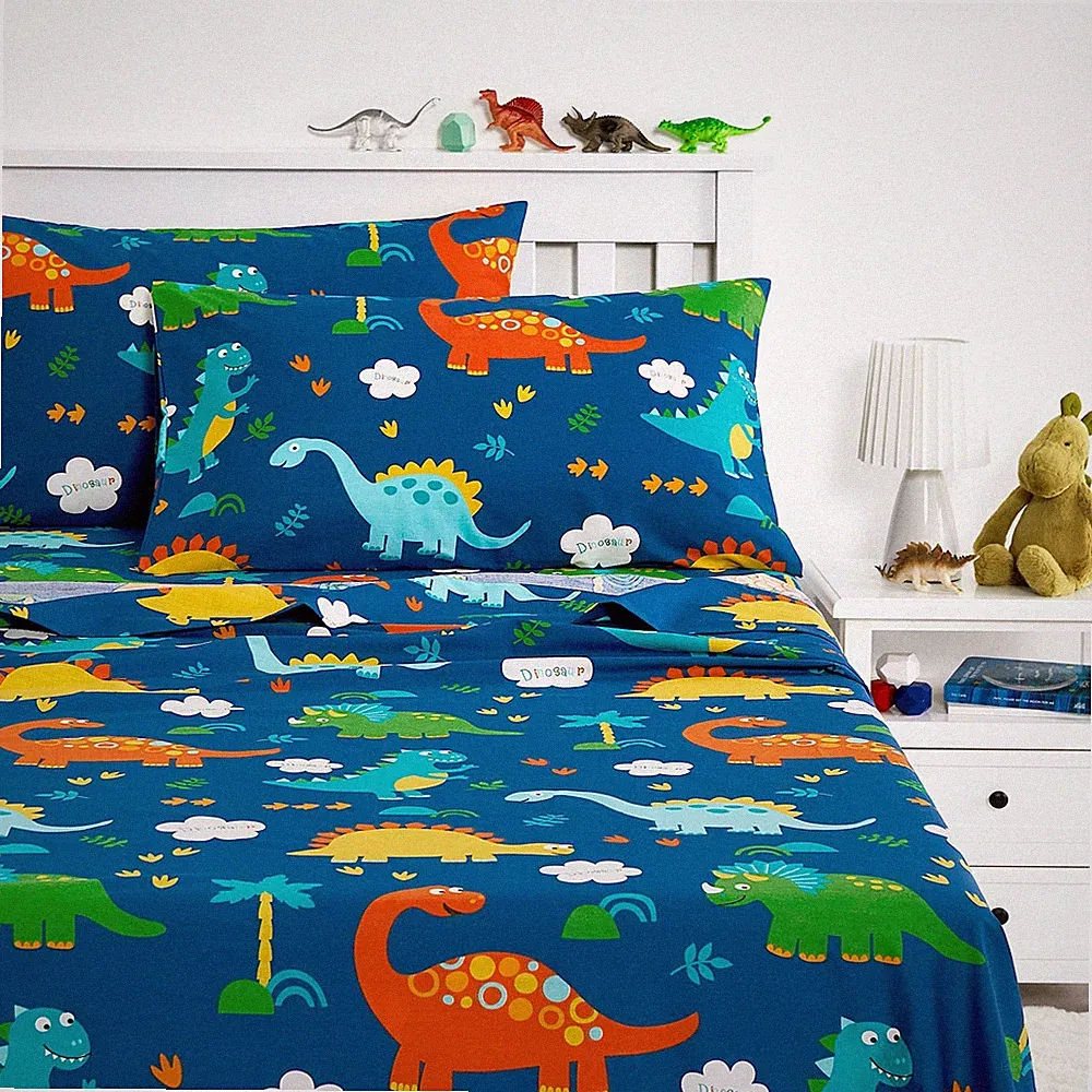 Wake In Cloud - Dinosaur Bed Sheets for Boys, 100% Cotton, 4-Piece Sheet Set Kid