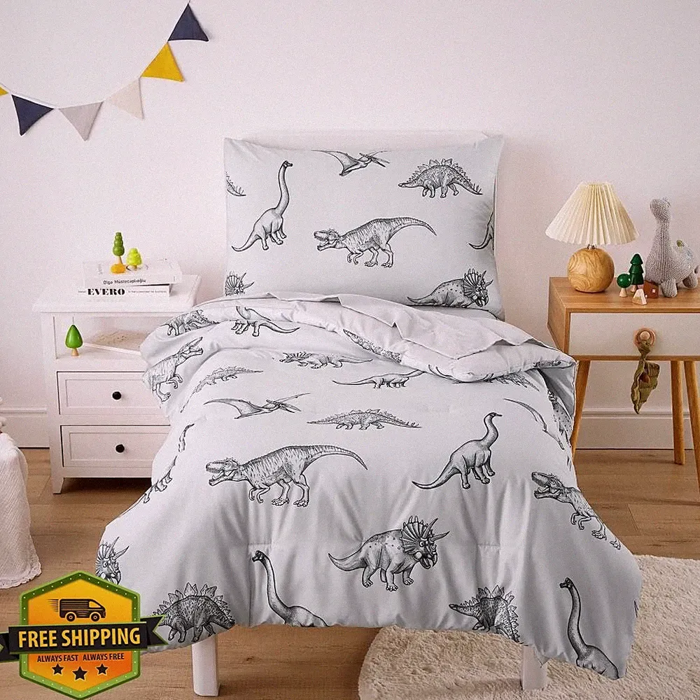 Wake In Cloud Dinosaur Toddler Bedding Set, 4pc Gray Sketch Crib Set