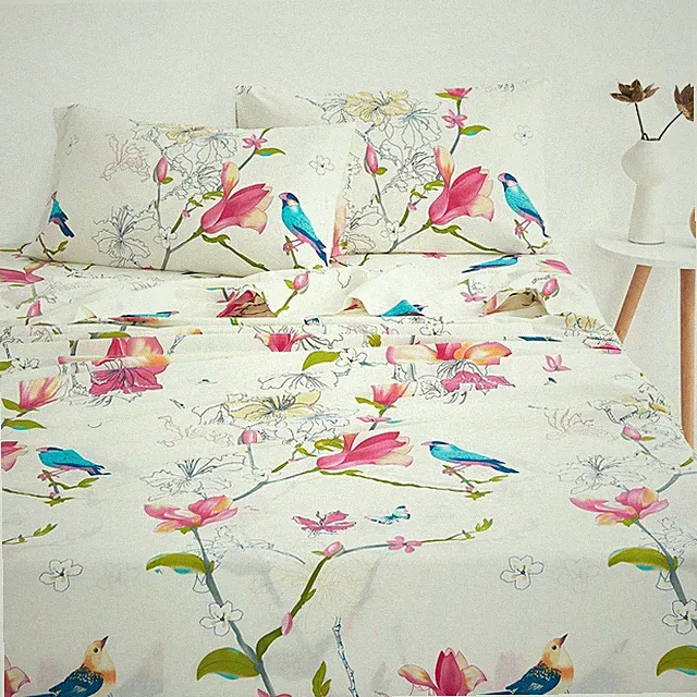 Wake In Cloud - Floral Bed Sheets, 100% Cotton, 4-Piece Sheet Set, Bird Patterne