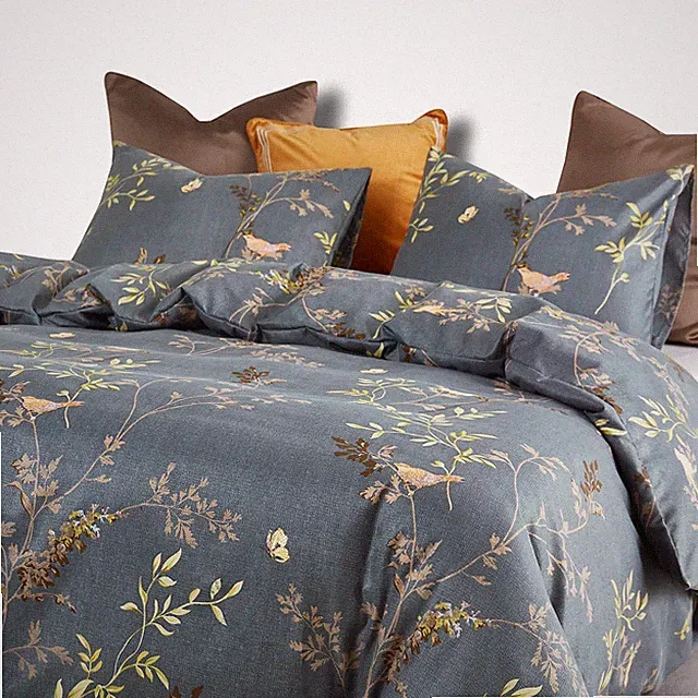 Wake In Cloud - Floral Comforter Set, Birds Flowers Leaves King, Dark Gray