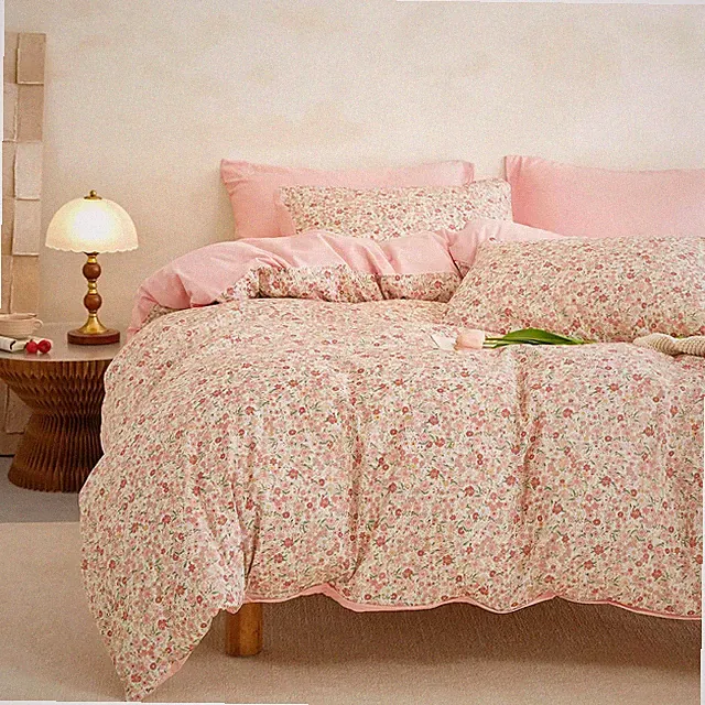 Wake In Cloud - Floral Duvet Cover Set, Cute Vintage Twin/Twin XL, Cream Pink