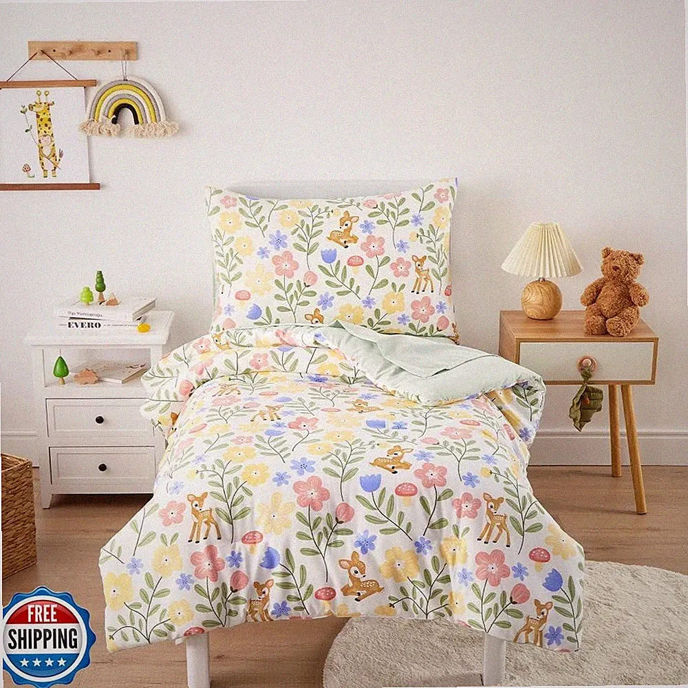 Wake In Cloud - Floral Toddler Bedding Set for Girls, Cute Colorful Botanical