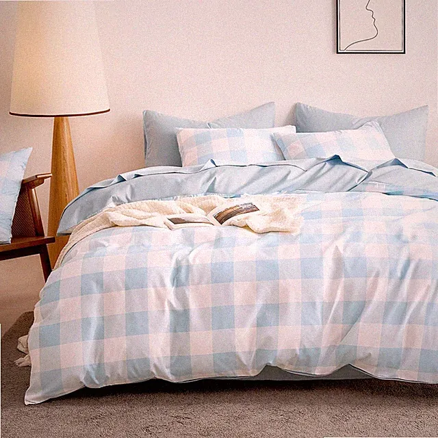 Wake In Cloud - Gingham Comforter Set, Plaid Buffalo Full, Light Blue White