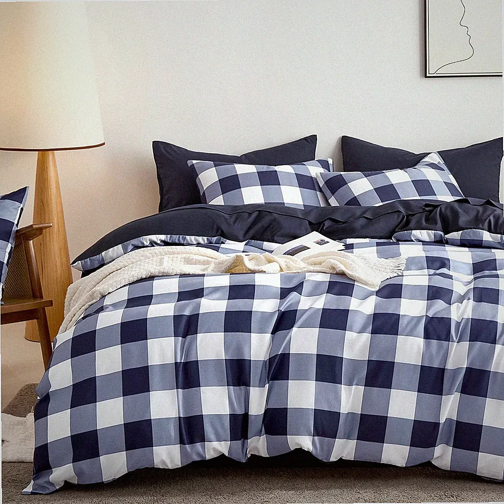 Wake In Cloud - Gingham Comforter Set, Plaid Buffalo Full, Navy Blue White