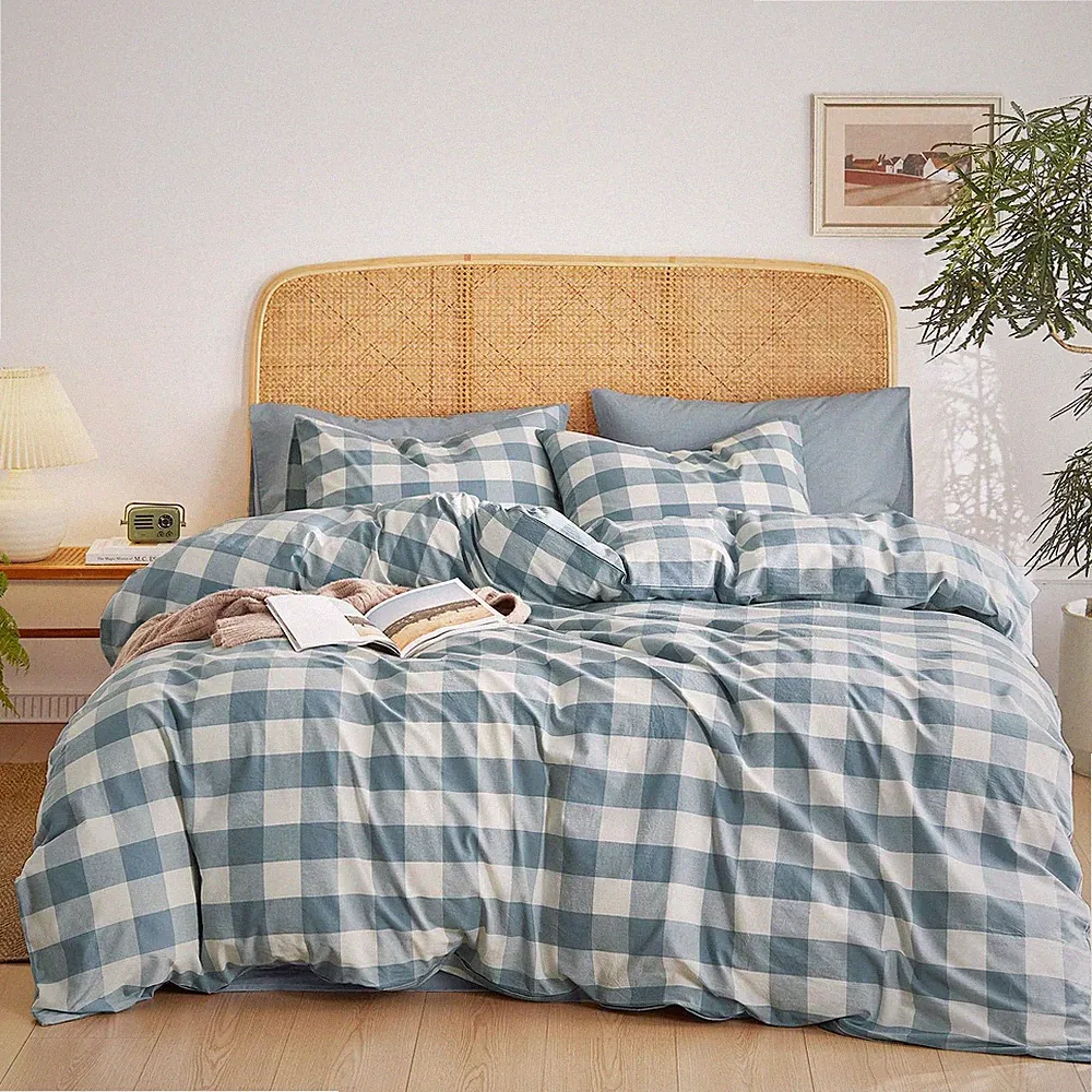 Wake In Cloud - Gingham Cotton Duvet Cover Twin/Twin XL, Greyish Blue White