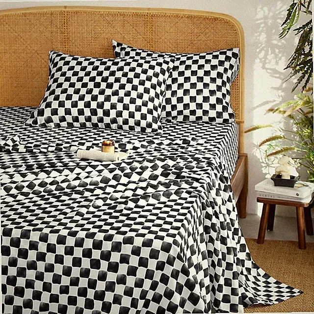 Wake In Cloud - Gingham Sheet Set, 4-Piece Queen, Black White