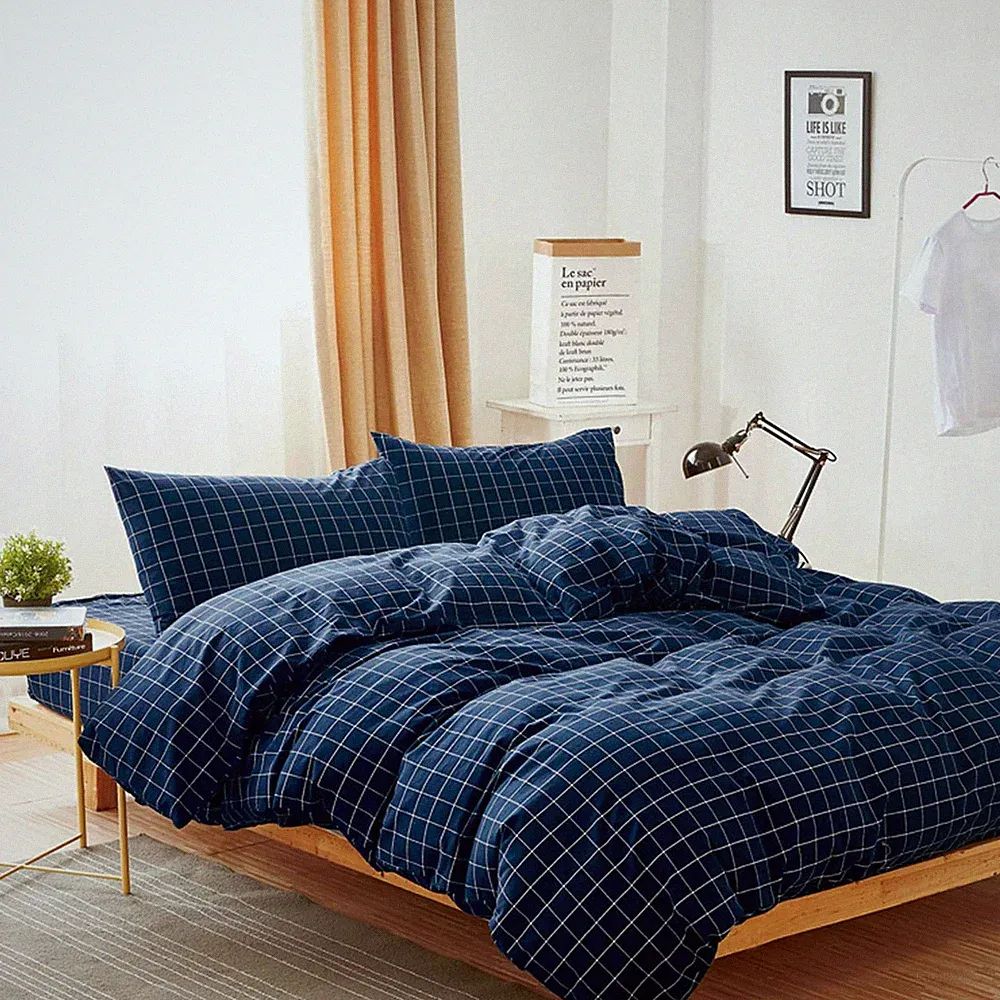 Wake In Cloud - Navy Grid Duvet Cover Set, 100% Washed Cotton Bedding, Navy Blue