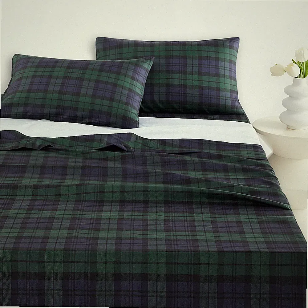 Wake In Cloud - Plaid Bed Sheets, 4-Piece Sheet Set, Queen, Dark Green