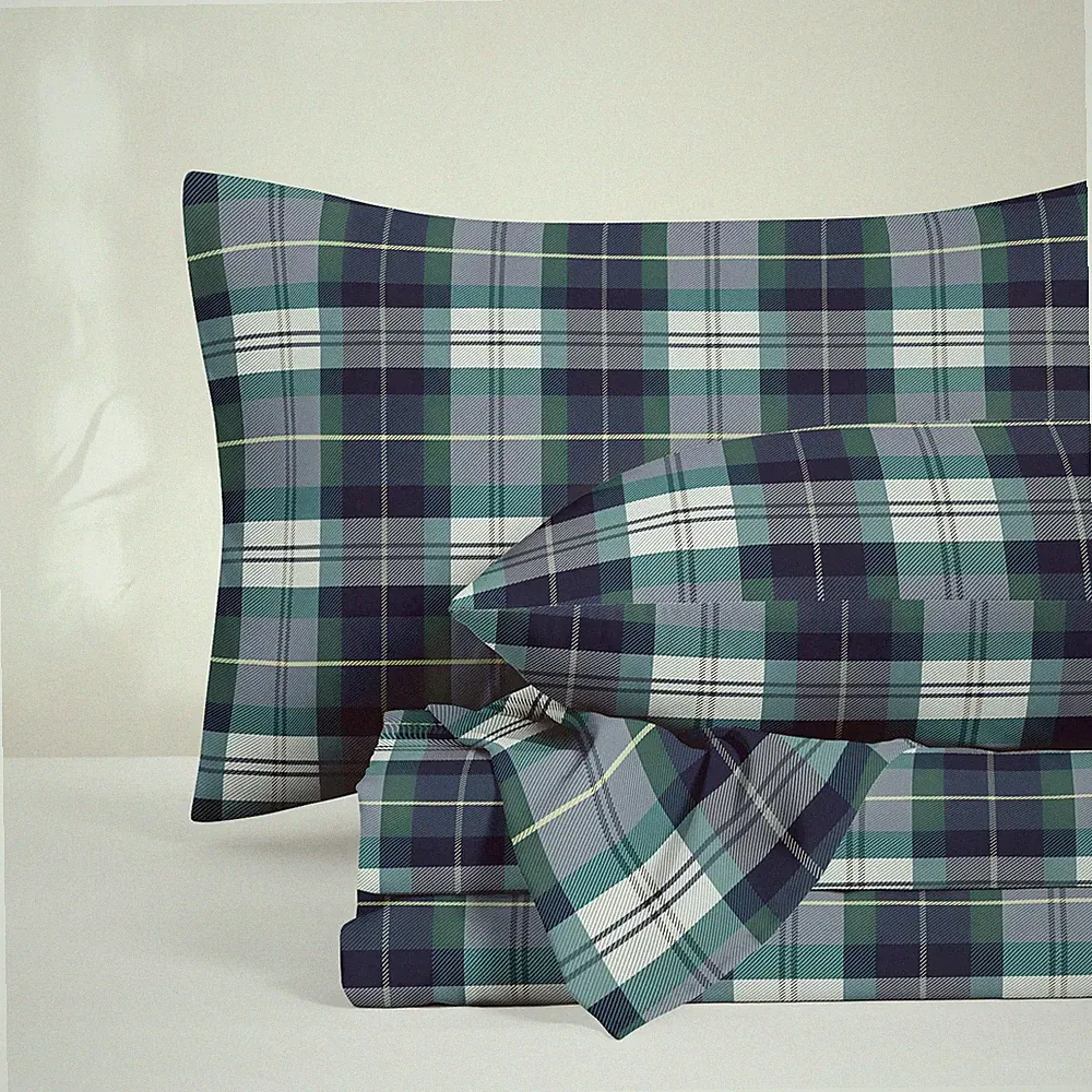Wake In Cloud - Plaid Bed Sheets, 4-Piece Sheet Set, Queen, Navy Green