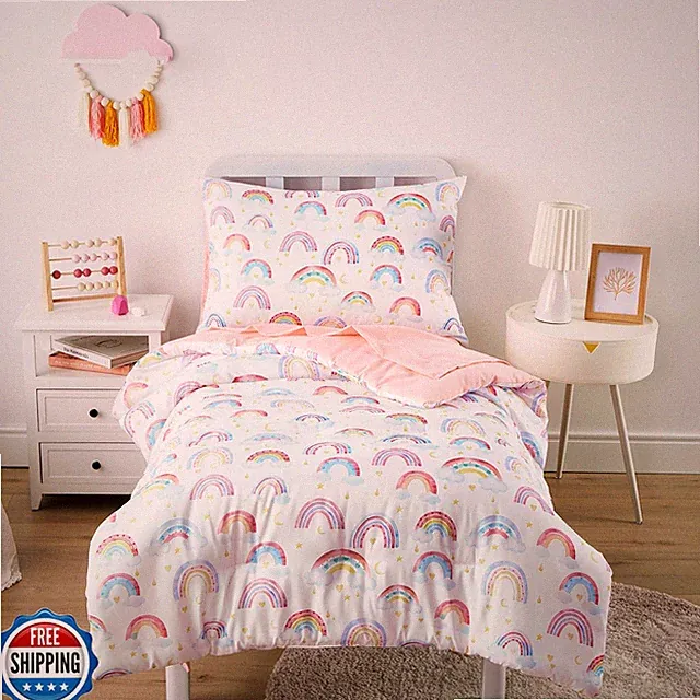 Wake In Cloud - Rainbow Toddler Bedding Set for Girls, Cute Colorful Pastel R