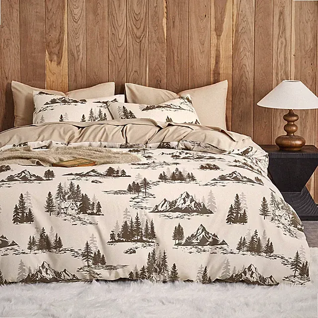 Wake In Cloud - Rustic Duvet Cover Set, Cabin Lodge Queen, Beige Brown