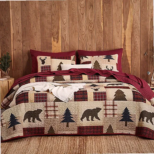 Wake In Cloud - Rustic Quilt Set, Cabin Country Queen / Full, Burgundy Brown