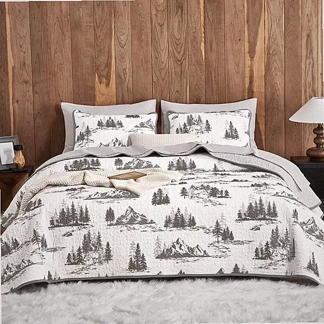 Wake In Cloud - Rustic Quilt Set, Cabin Forest Twin / XL, Grey White