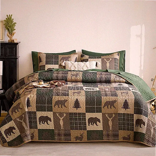 Wake In Cloud - Rustic Quilt Set, Cabin Lodge Christmas Bear Moose Deer Wildlife