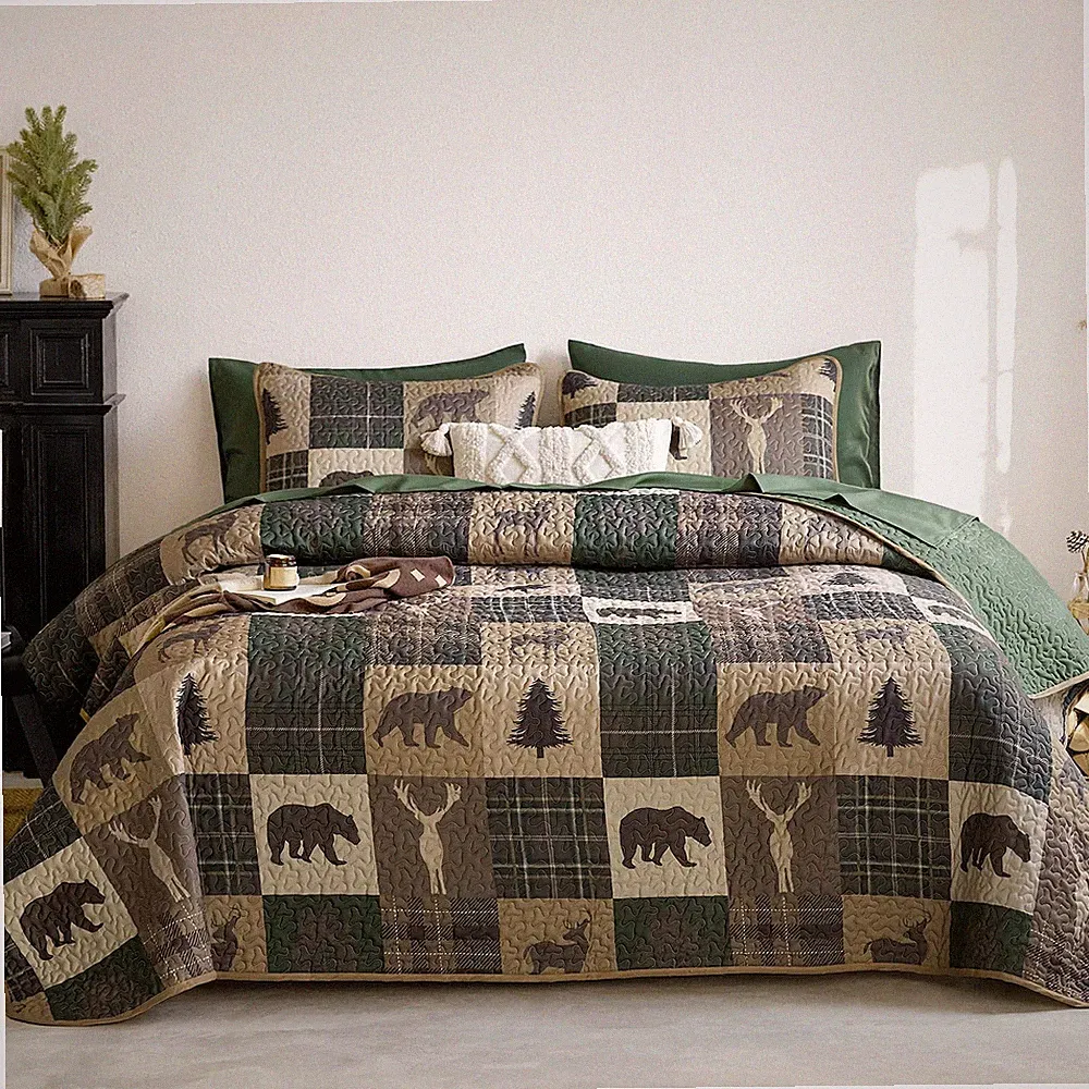 Wake In Cloud - Rustic Quilt Set, Cabin Lodge Christmas King, Green Brown