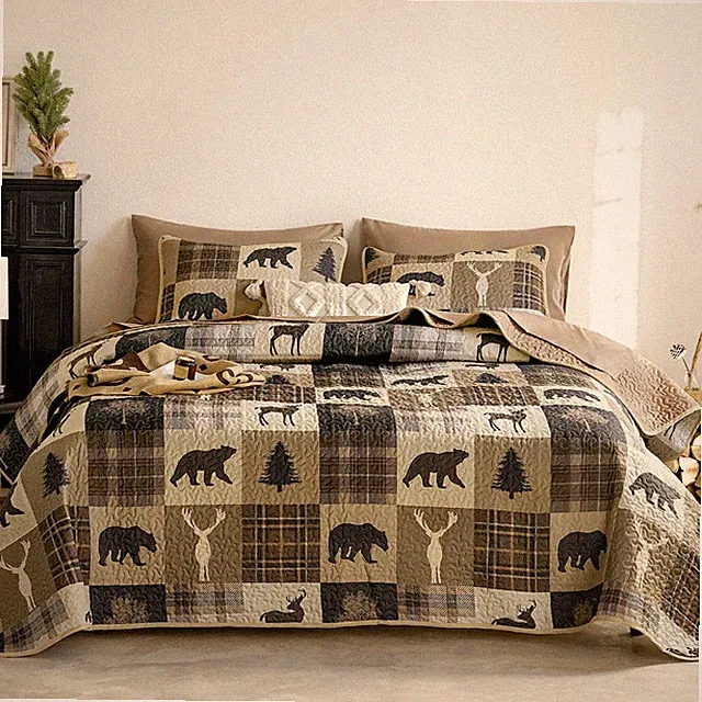 Wake In Cloud - Rustic Quilt Set, Cabin Lodge Christmas Queen / Full, Brown