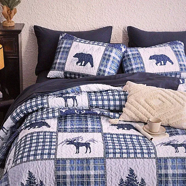 Wake In Cloud - Rustic Quilt Set, Cabin Lodge Queen / Full, Navy Blue