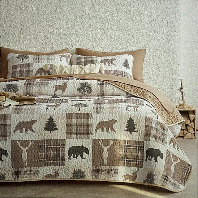 Wake In Cloud - Rustic Quilt Set, Cabin Lodge Queen / Full, Tan Brown