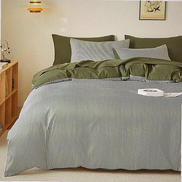 Wake In Cloud - Striped Comforter Set, Ticking Stripe Full, Olive Green White