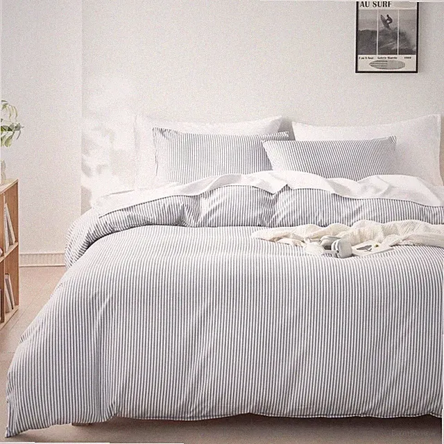 Wake In Cloud - Striped Comforter Set, Ticking Stripe Vertical Pinstripe Neutral