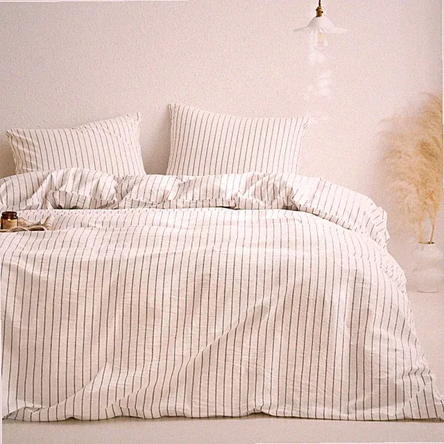 Wake In Cloud - Striped Cotton Duvet Cover Set, Ticking Stripe Queen, White