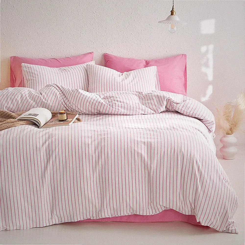 Wake In Cloud - Striped Cotton Duvet Cover Set, Twin/Twin XL, Pink White