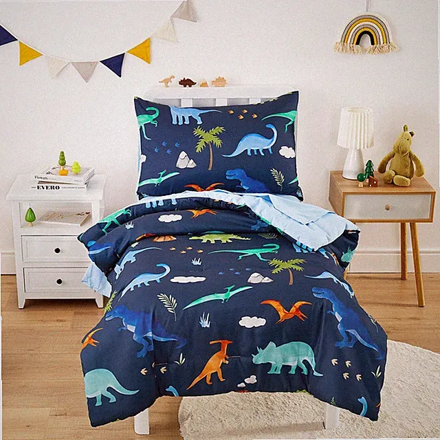 Wake In Cloud Toddler Bedding Set Boys - 4 Pc Crib w/ Dinosaur Volcano Print