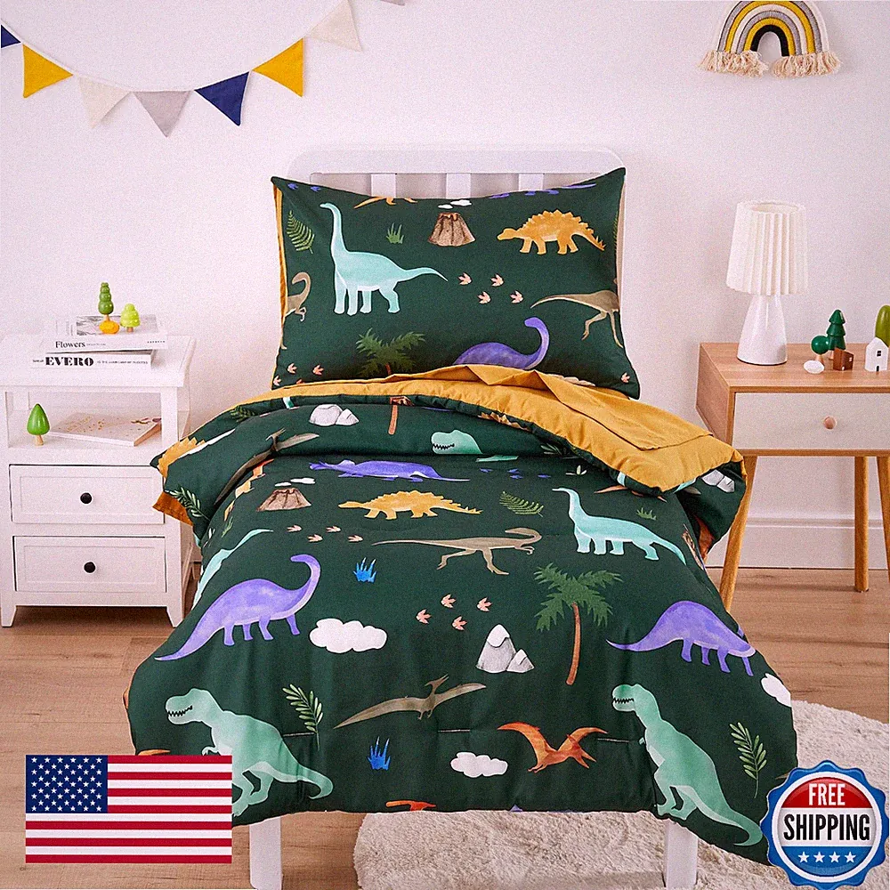 Wake In Cloud Toddler Bedding Set for Boys 4-Piece Crib Dinosaurs & Volcano