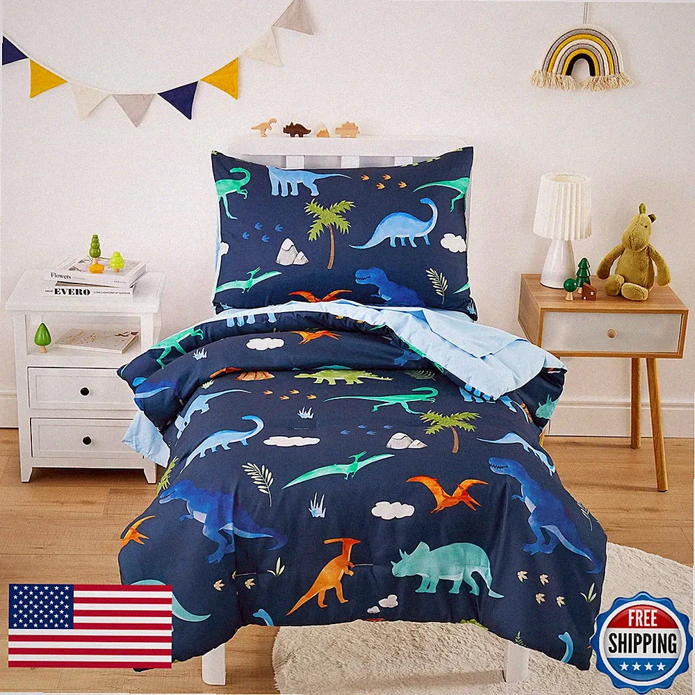 Wake In Cloud Toddler Bedding Set for Boys, 4 Piece - Dinosaur Volcano Theme