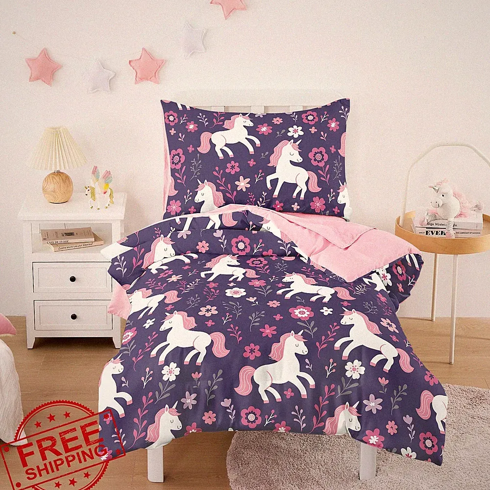 Wake In Cloud Toddler Bedding Set Girls, Unicorn Floral, 4pc Crib Set