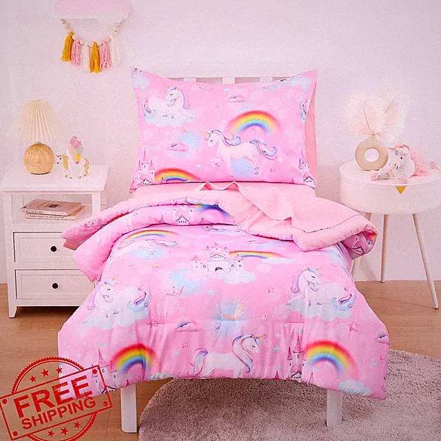 Wake In Cloud Toddler Bedding Set Unicorn Castle 4pc Pink Crib Set