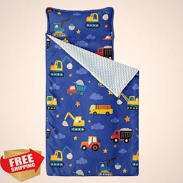 Wake In Cloud Toddler Nap Mat, Pillow Blanket, Construction Car, Blue