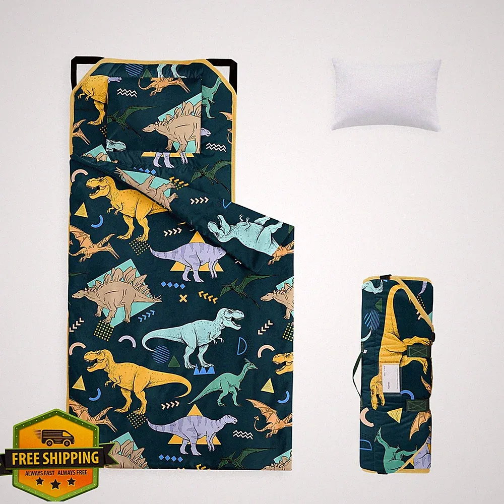 Wake In Cloud Toddler Nap Mat Pillow Blanket Dino Sketch Dark Green