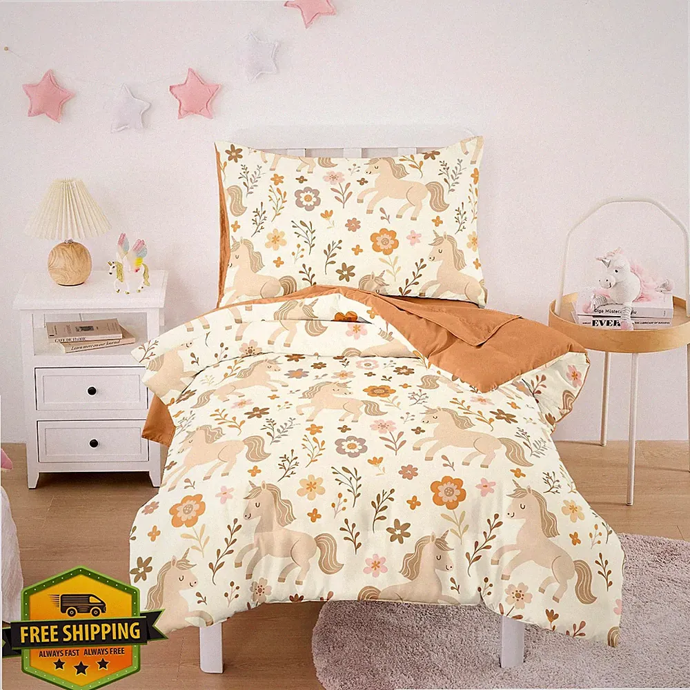 Wake In Cloud Unicorn Floral Toddler Bedding Set 4pc Light Beige
